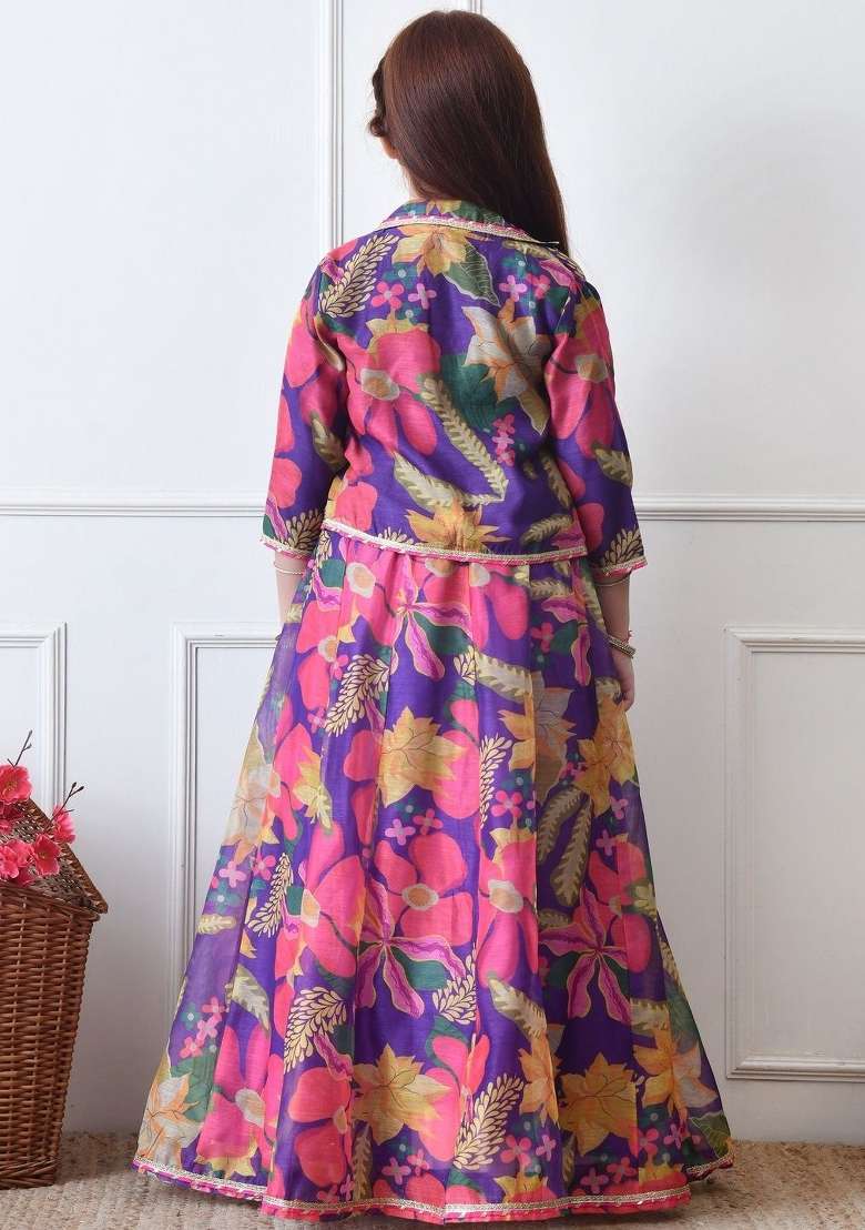 Purple Printed Silk Lehenga Set For Girls - Indya