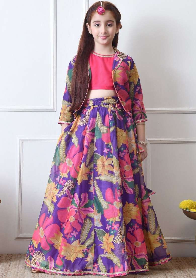 Purple Printed Silk Lehenga Set For Girls - Indya