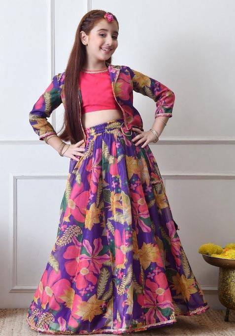 Purple Printed Silk Lehenga Set For Girls