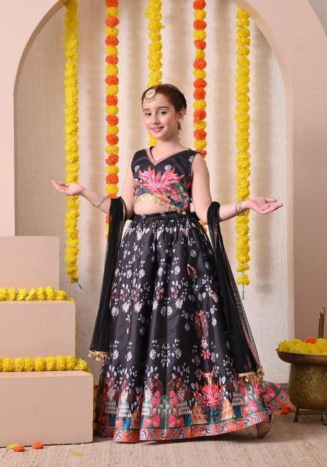 Black Printed Silk Lehenga Set For Girls