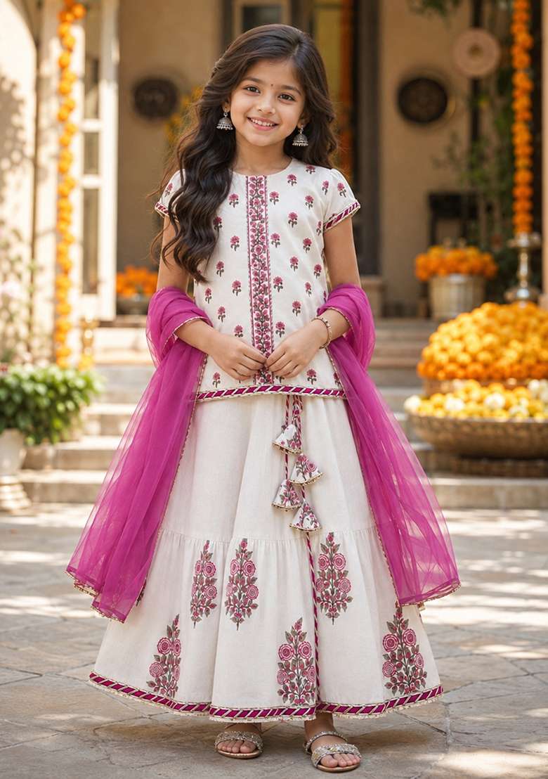 White Printed Cambric Lehenga Set For Girls - Indya