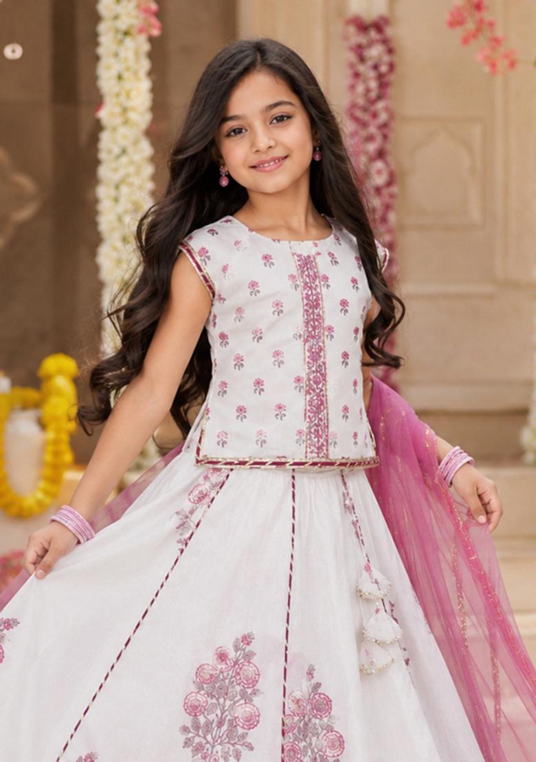 White Printed Cambric Lehenga Set For Girls - Indya