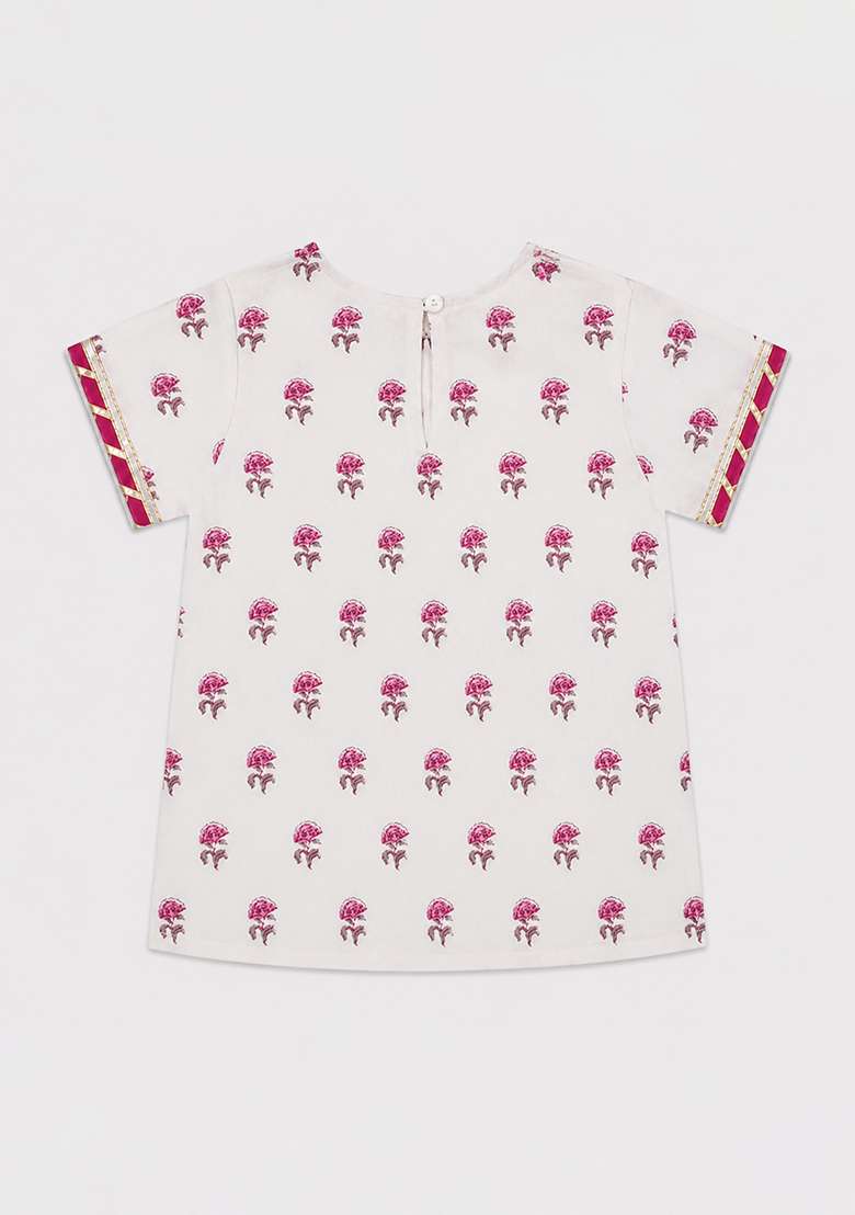 White Printed Cambric Lehenga Set For Girls - Indya