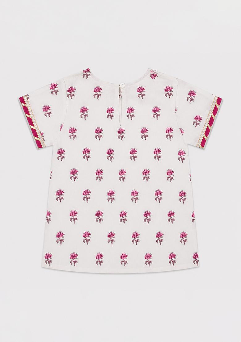 White Printed Cambric Lehenga Set For Girls - Indya