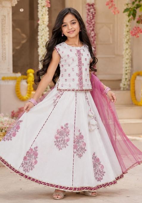 White Printed Cambric Lehenga Set For Girls