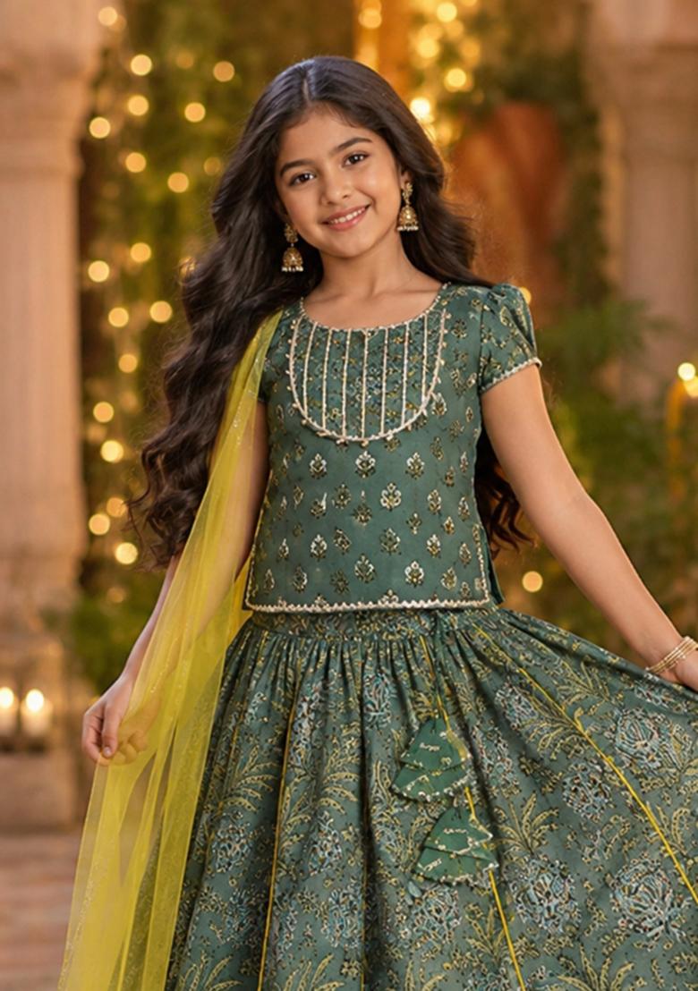 Green Printed Cambric Lehenga Set For Girls - Indya