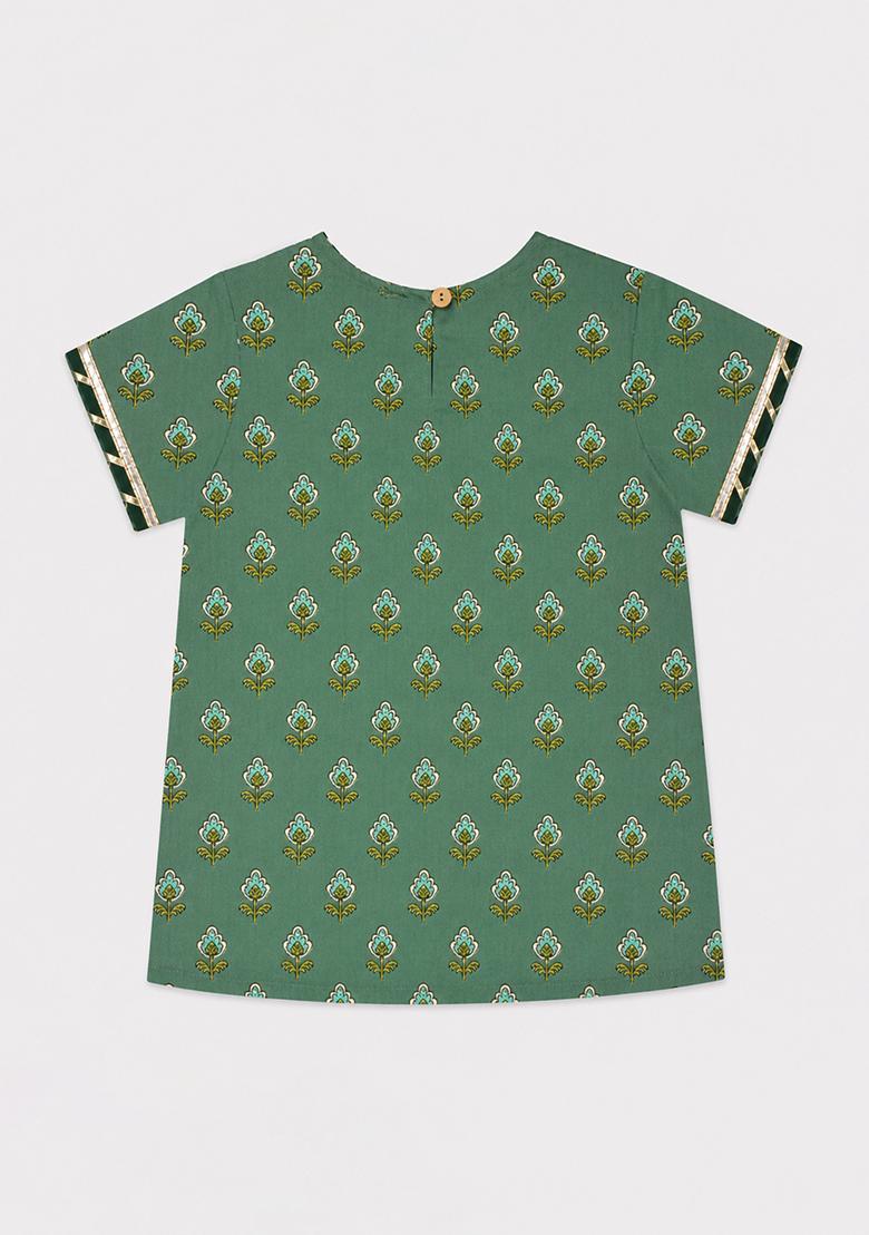 Green Printed Cambric Lehenga Set For Girls - Indya