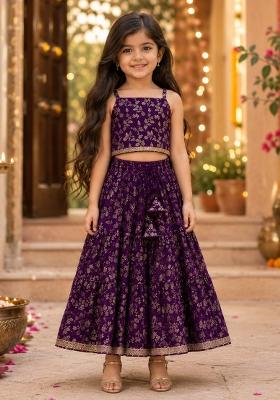 Purple Printed Polyester Lehenga Set For Girls