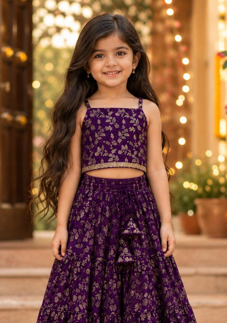 Purple Printed Polyester Lehenga Set For Girls - Indya