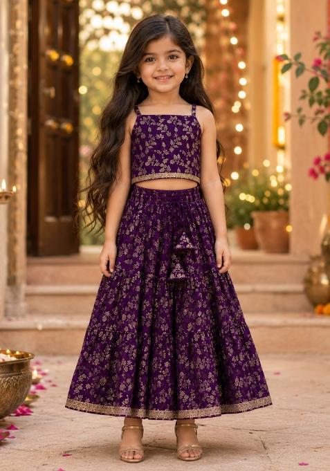 Purple Printed Polyester Lehenga Set For Girls