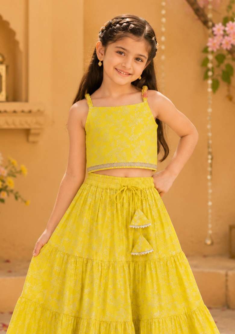 Yellow Printed Polyester Lehenga Set For Girls - Indya