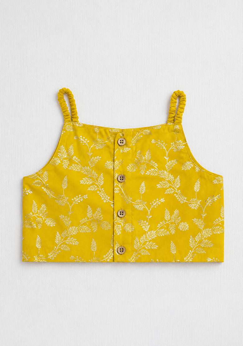 Yellow Printed Polyester Lehenga Set For Girls - Indya