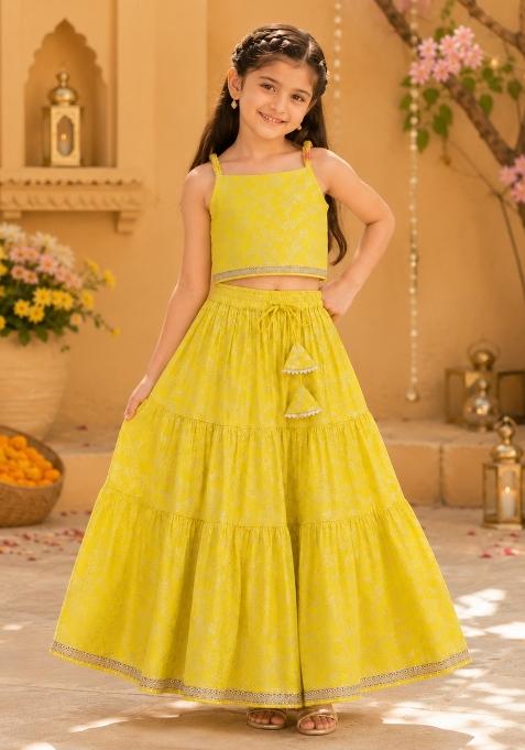 Yellow Printed Polyester Lehenga Set For Girls