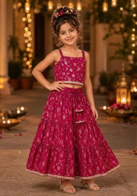Pink Printed Polyester Lehenga Set For Girls