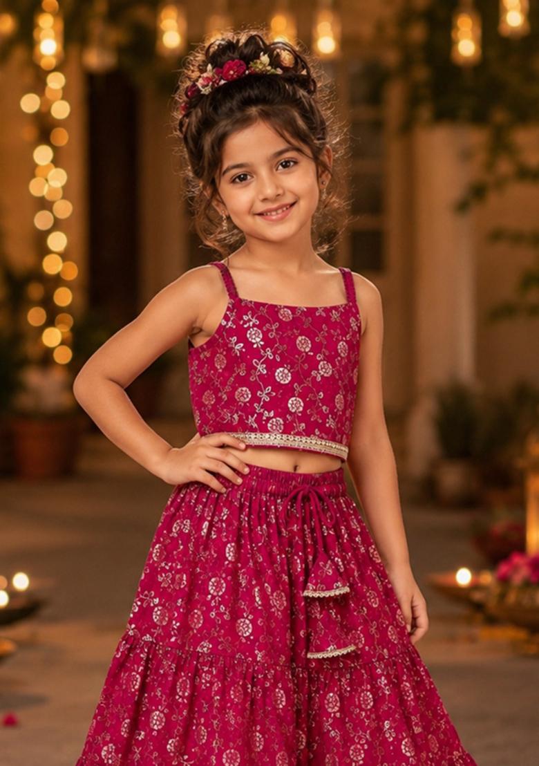 Pink Printed Polyester Lehenga Set For Girls - Indya