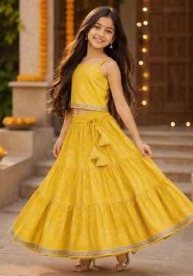 Mustard Printed Polyester Lehenga Set For Girls