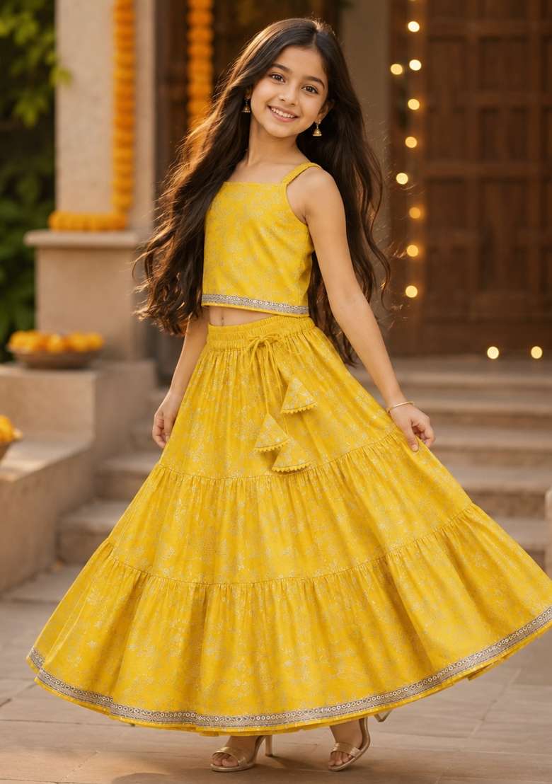 Mustard Printed Polyester Lehenga Set For Girls - Indya