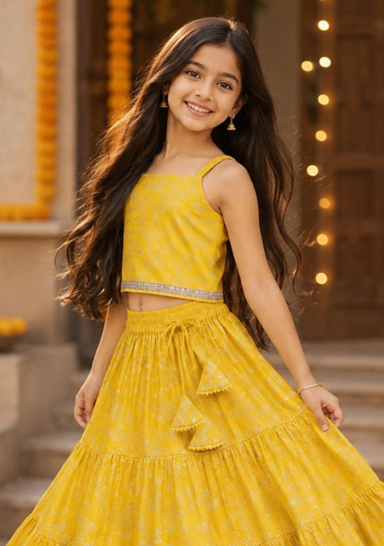 Mustard Printed Polyester Lehenga Set For Girls - Indya