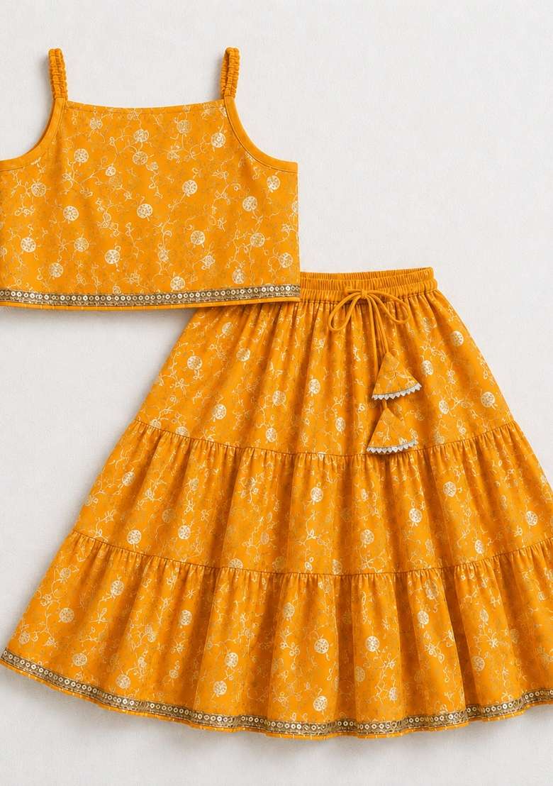 Mustard Printed Polyester Lehenga Set For Girls - Indya