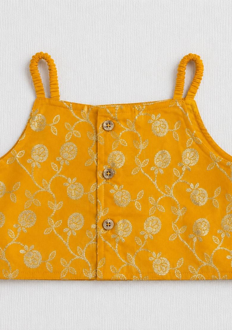 Mustard Printed Polyester Lehenga Set For Girls - Indya