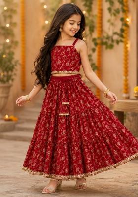 Red Printed Polyester Lehenga Set For Girls