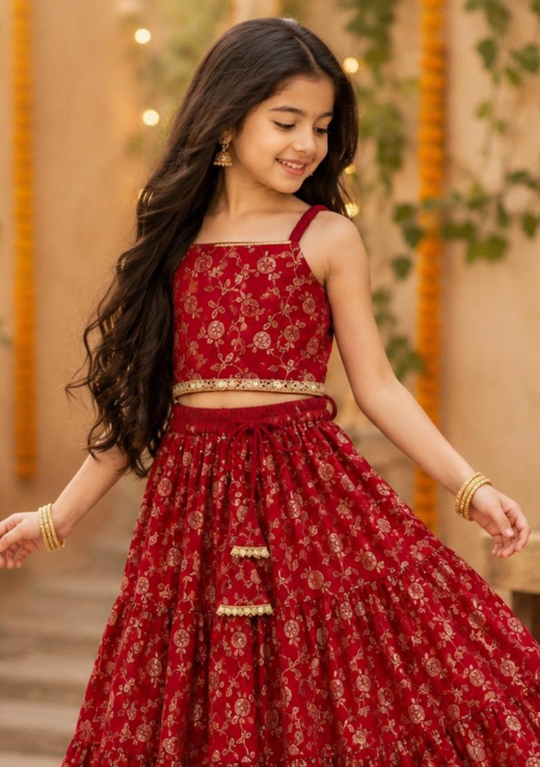 Red Printed Polyester Lehenga Set For Girls - Indya