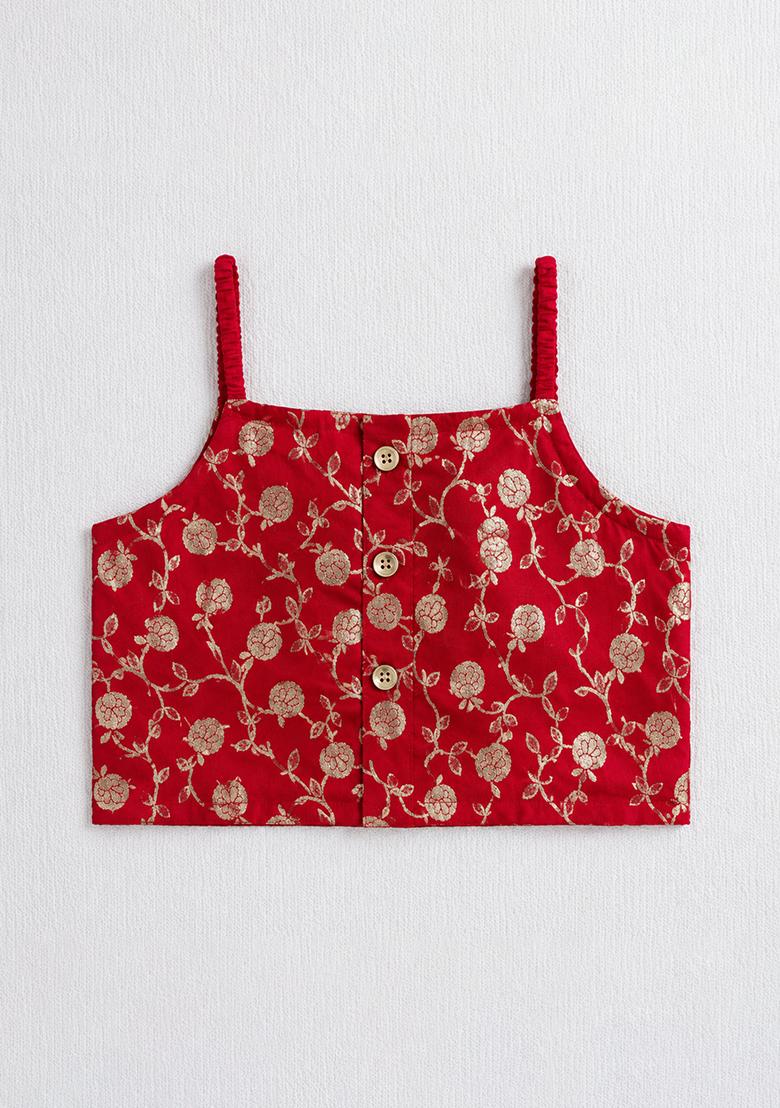 Red Printed Polyester Lehenga Set For Girls - Indya
