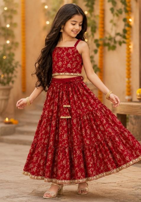 Red Printed Polyester Lehenga Set For Girls