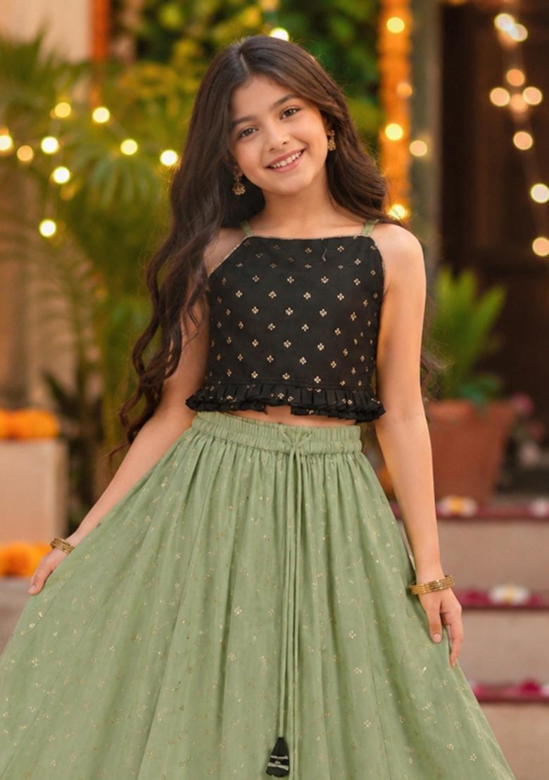 Green Printed Polyester Lehenga Set For Girls - Indya