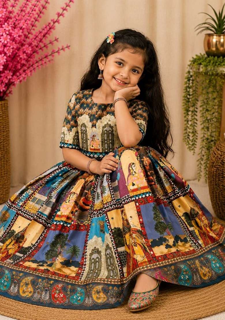 Multicolor Printed Silk Lehenga For Girls - Indya