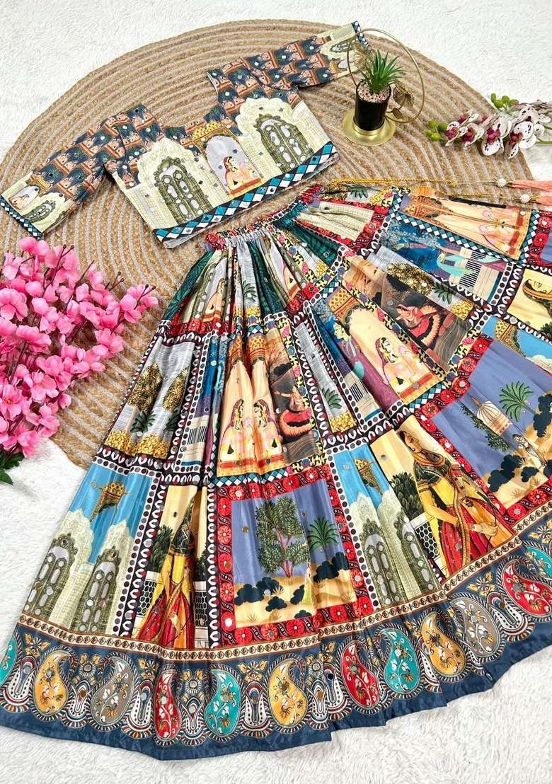 Multicolor Printed Silk Lehenga For Girls - Indya