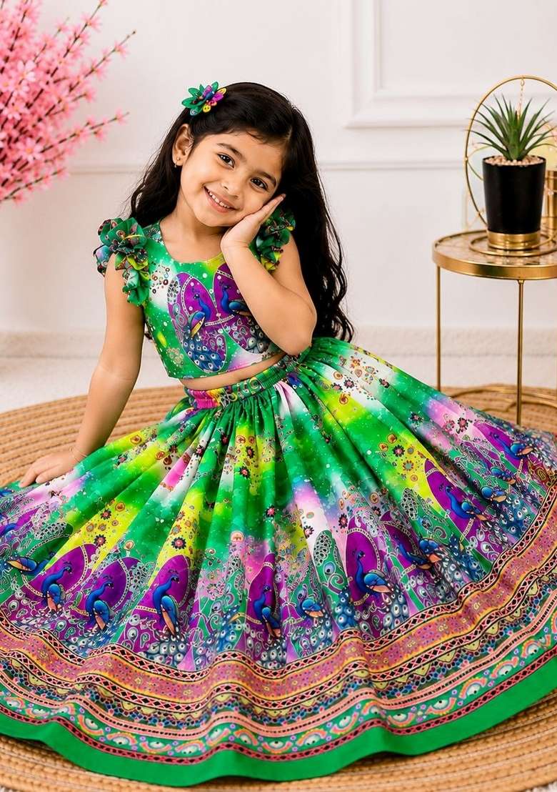 Green Printed Silk Lehenga For Girls - Indya