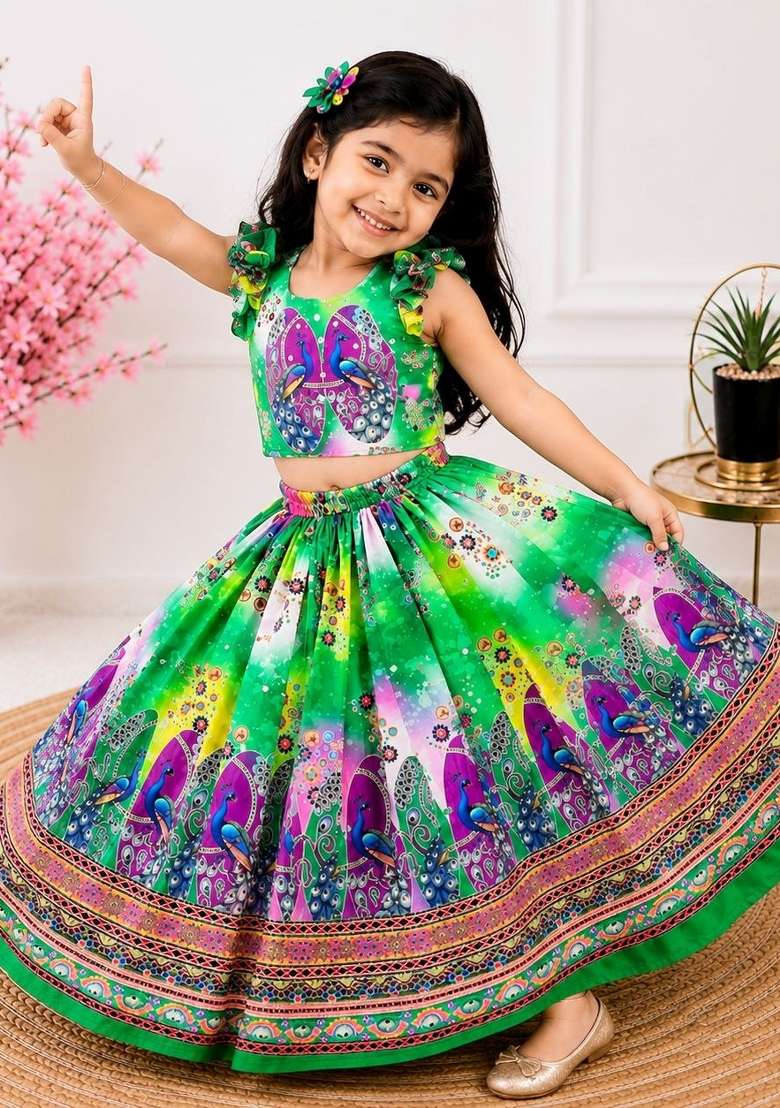 Green Printed Silk Lehenga For Girls - Indya