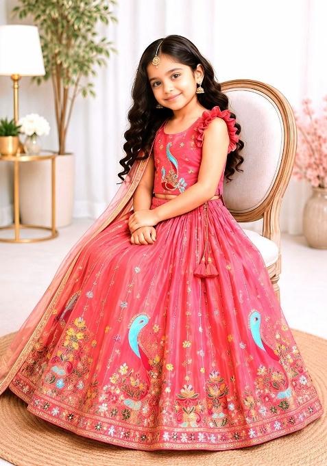 Coral Pink Embroidery Silk Lehenga For Girls