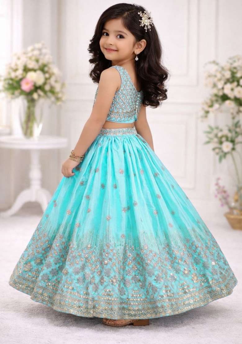 Sky Blue Embroidery Silk Lehenga For Girls - Indya
