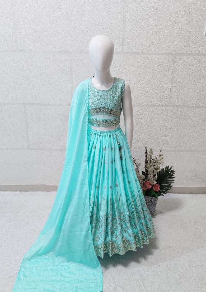 Sky Blue Embroidery Silk Lehenga For Girls - Indya