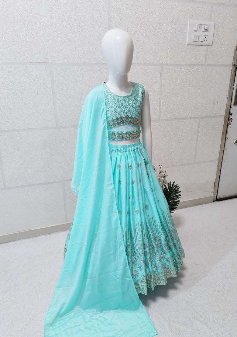 Sky Blue Embroidery Silk Lehenga For Girls - Indya