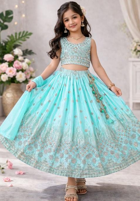 Sky Blue Embroidery Silk Lehenga For Girls