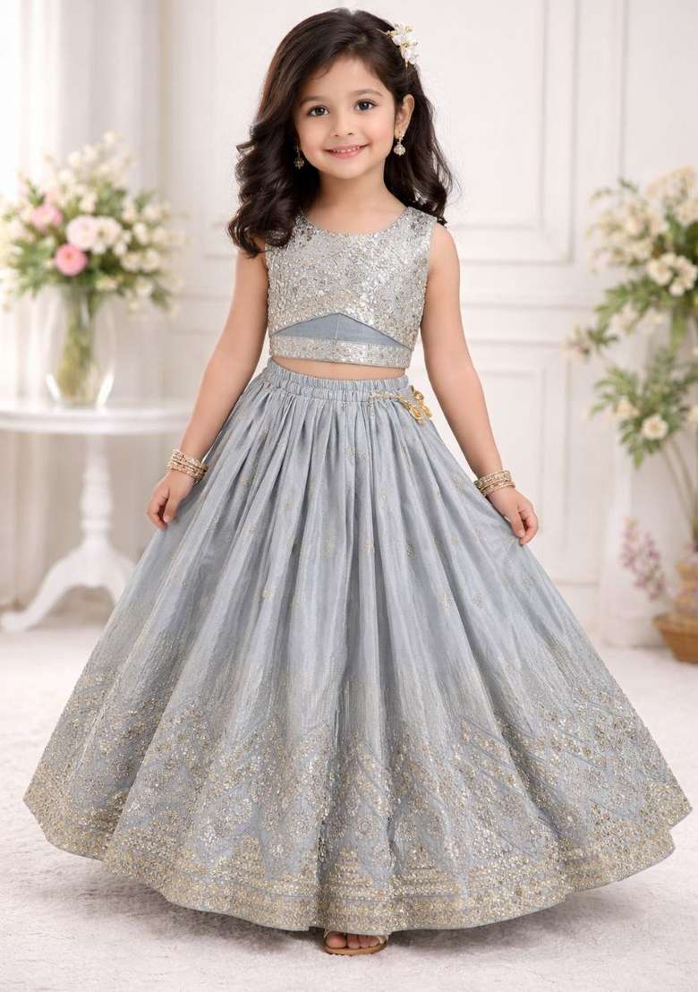 Greyish Blue Embroidery Georgette Lehenga For Girls - Indya