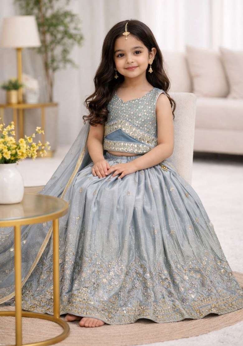 Greyish Blue Embroidery Georgette Lehenga For Girls - Indya