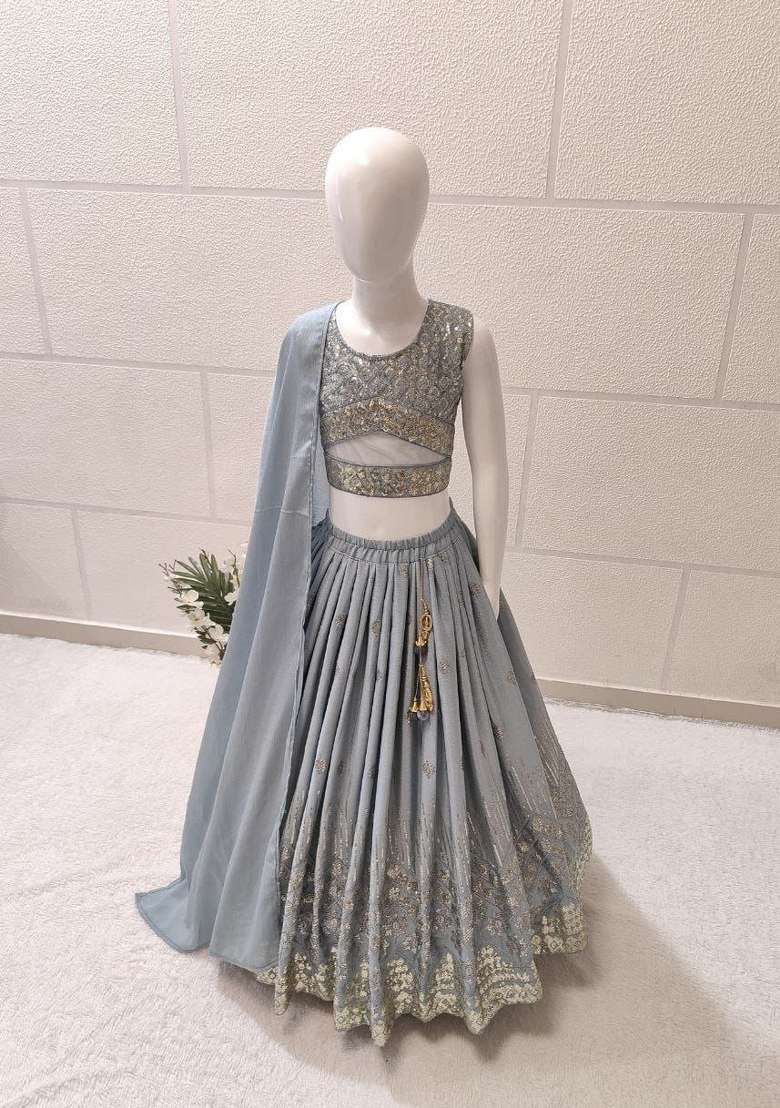 Greyish Blue Embroidery Georgette Lehenga For Girls - Indya