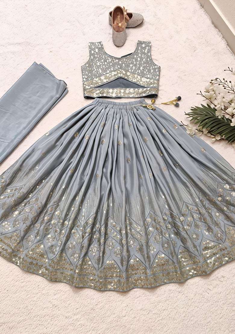 Greyish Blue Embroidery Georgette Lehenga For Girls - Indya