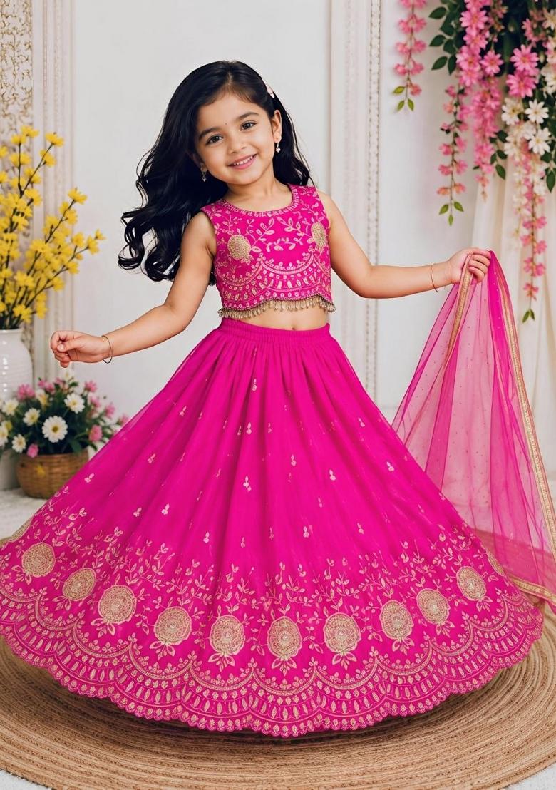 Rani Pink Embroidery Silk Lehenga For Girls - Indya