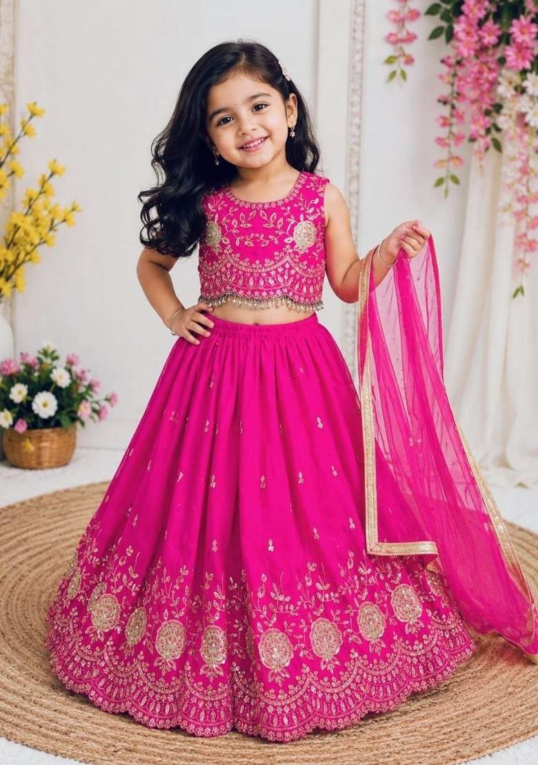 Rani Pink Embroidery Silk Lehenga For Girls - Indya