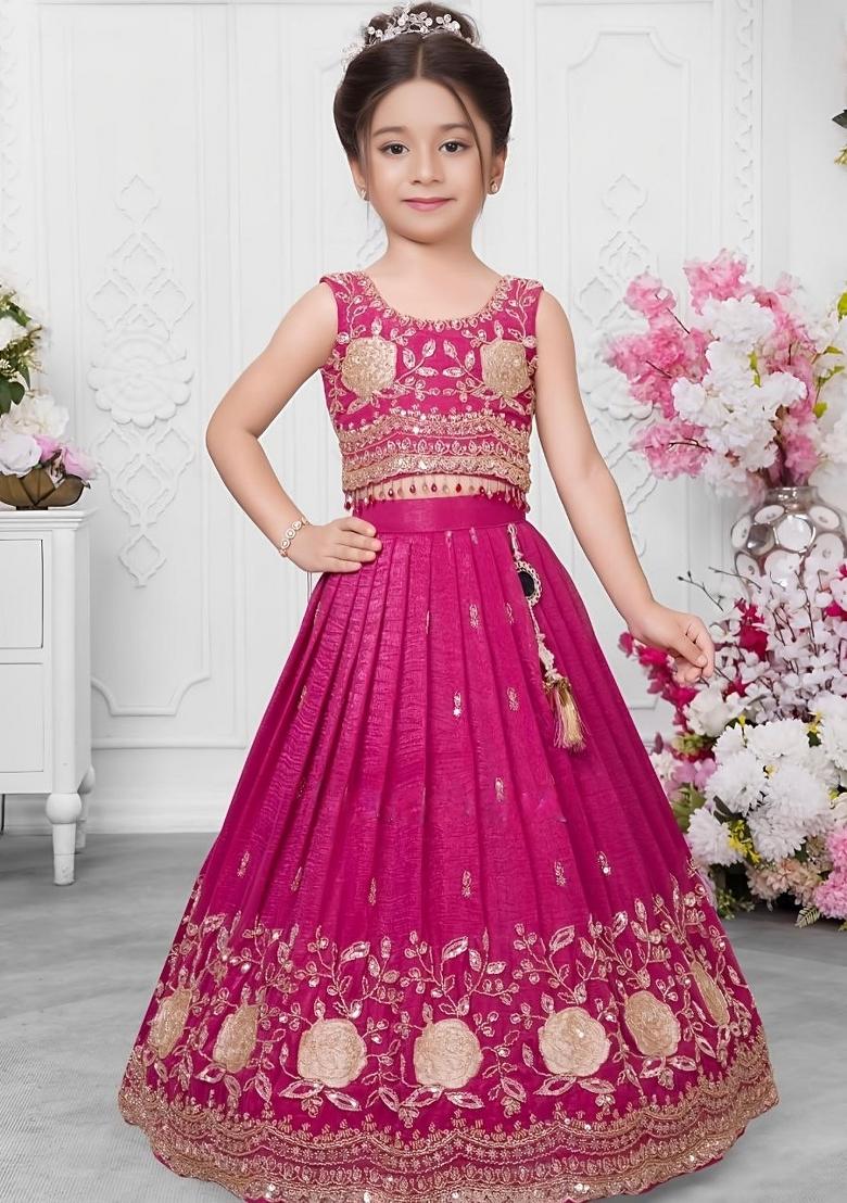 Rani Pink Embroidery Silk Lehenga For Girls - Indya