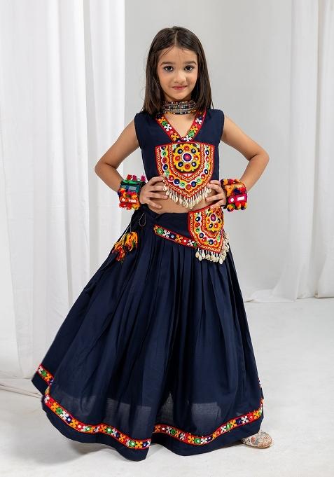 Navy Blue Handwork Cotton Lehenga For Girls