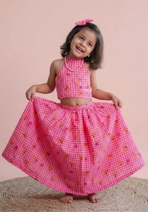 Light Pink Printed Mul Chanderi Lehenga For Girls