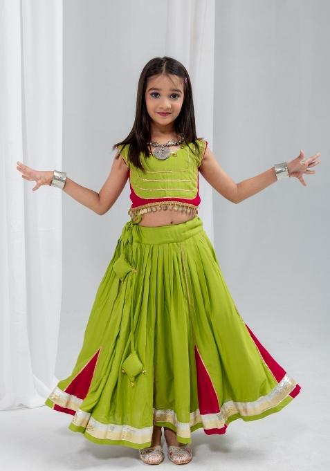 Parrot Cherry Gota Patti Cotton Lehenga For Girls