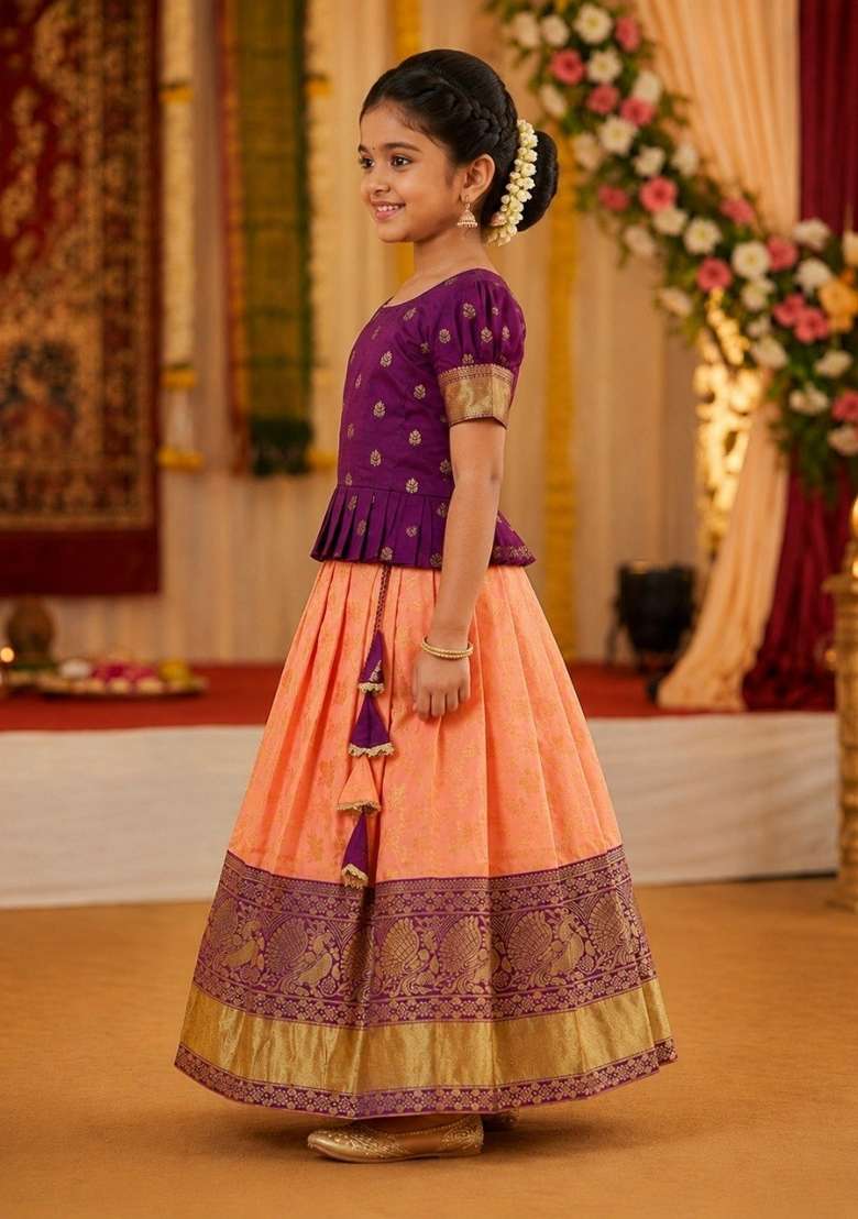 Maroon And Orange Jacquard Silk Lehenga For Girls - Indya