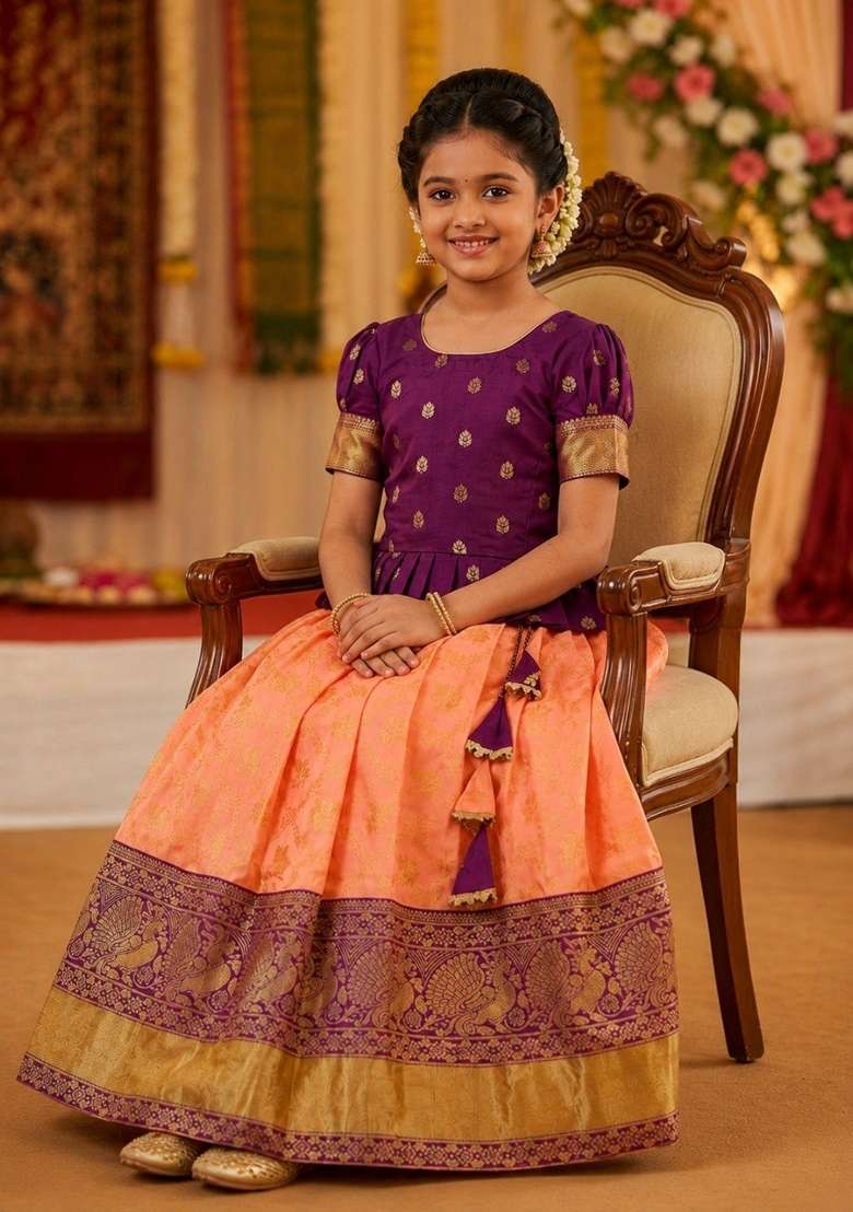 Maroon And Orange Jacquard Silk Lehenga For Girls - Indya